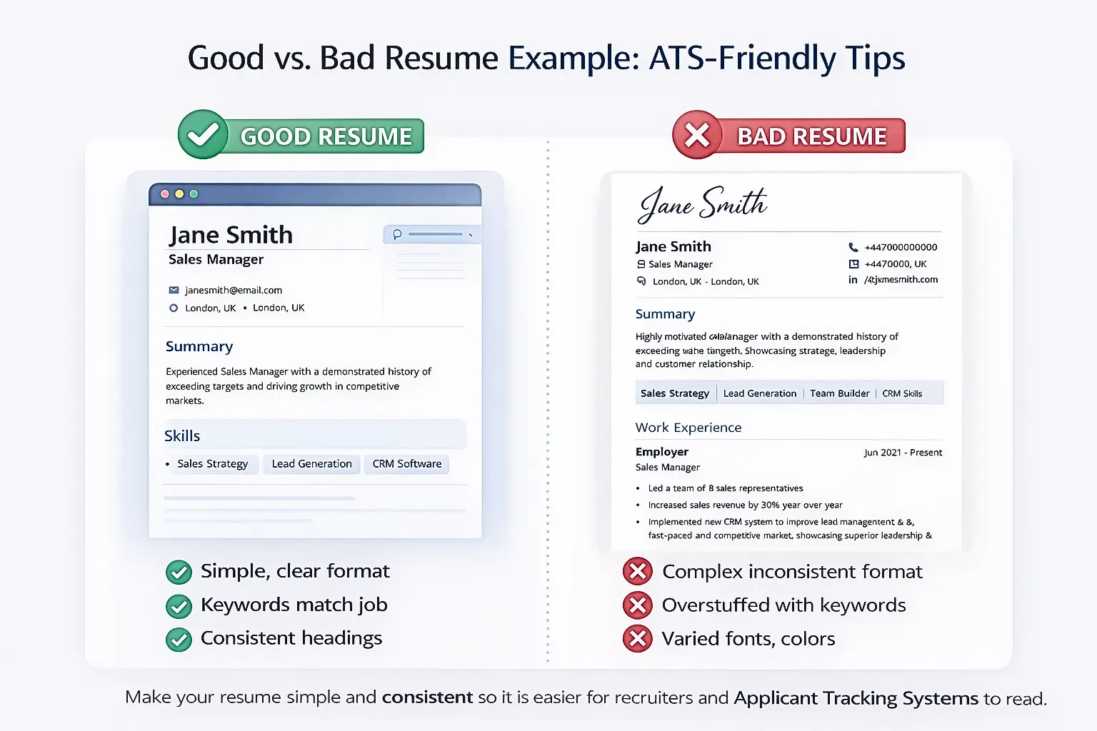 Good vs bad resume example with ATS friendly tips from CVNexa Resume Builder