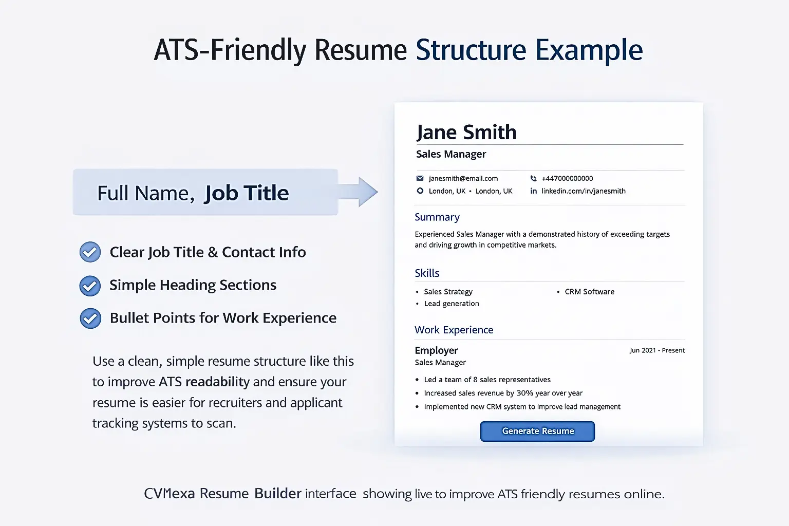 ATS friendly resume structure example created for CVNexa Resume Builder