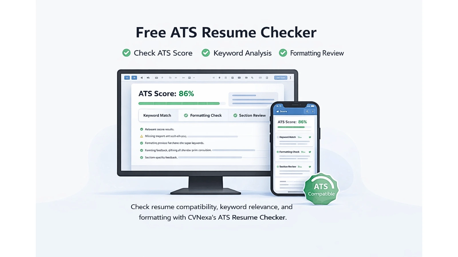 ATS resume checker interface showing resume score and compatibility review