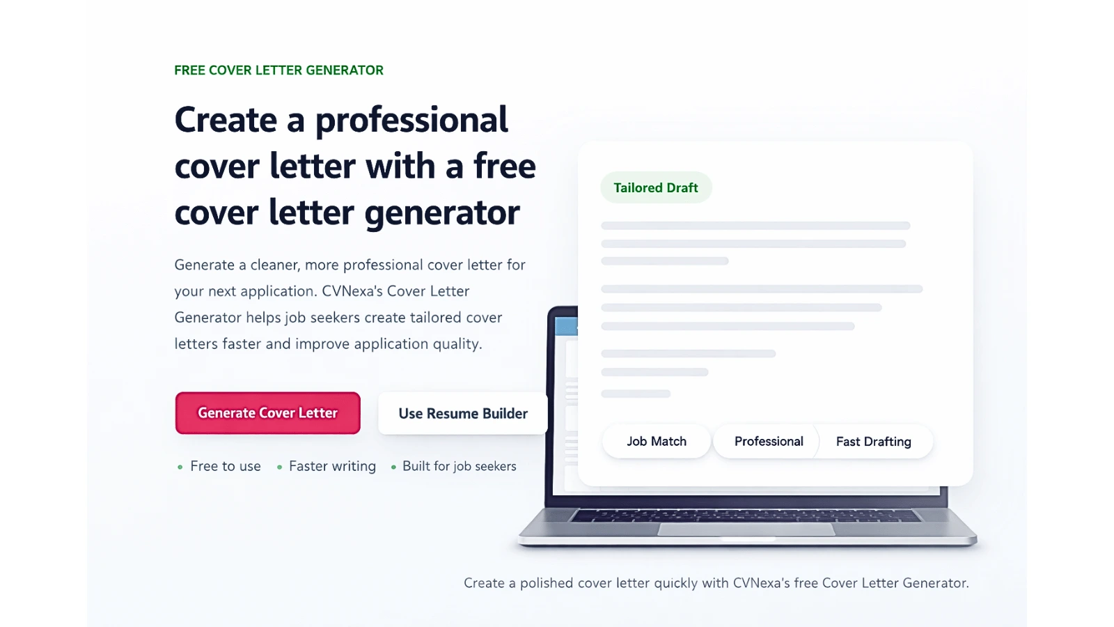 cover letter generator interface showing professional cover letter draft