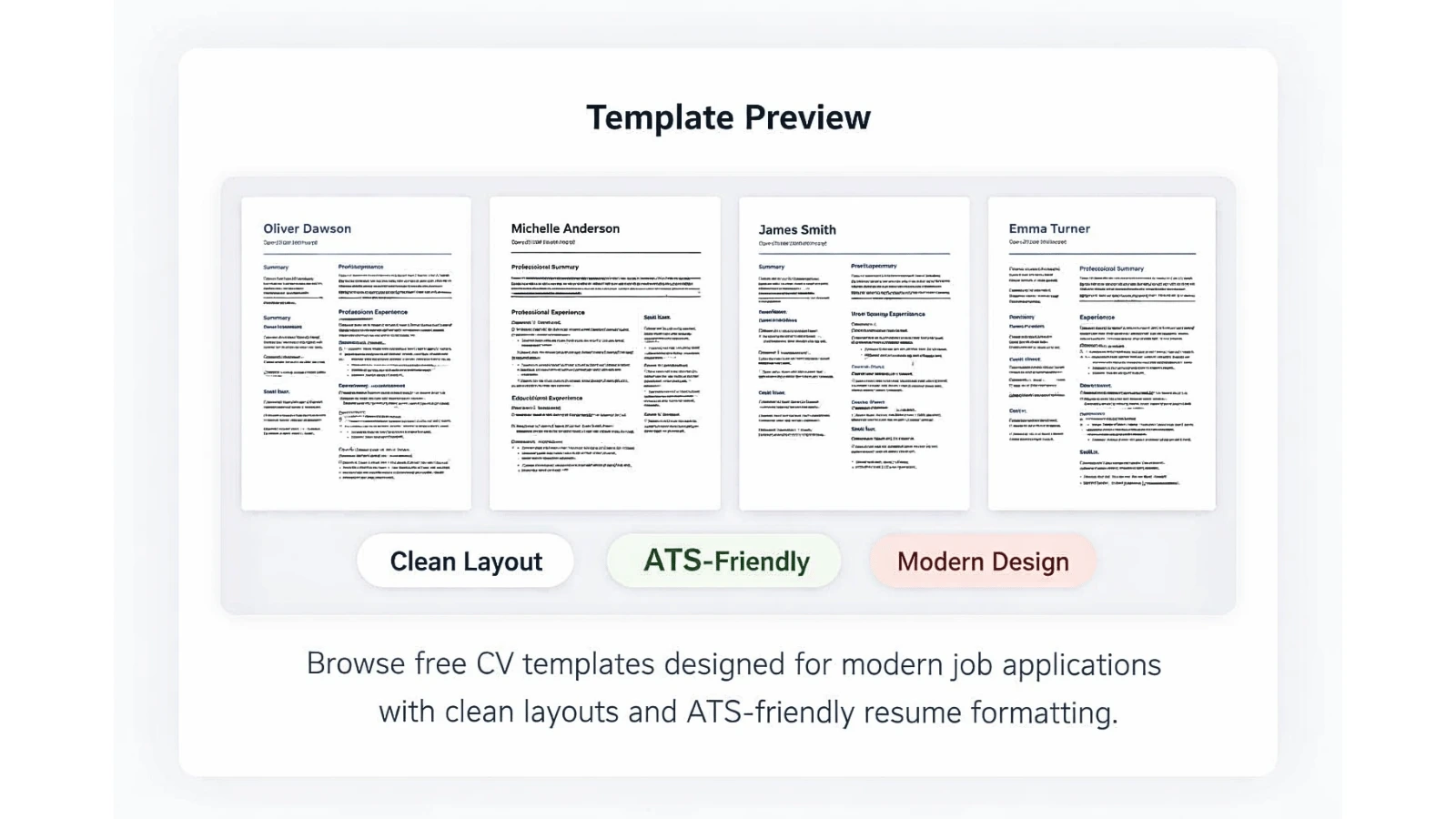 free CV template previews showing modern ATS-friendly resume layouts